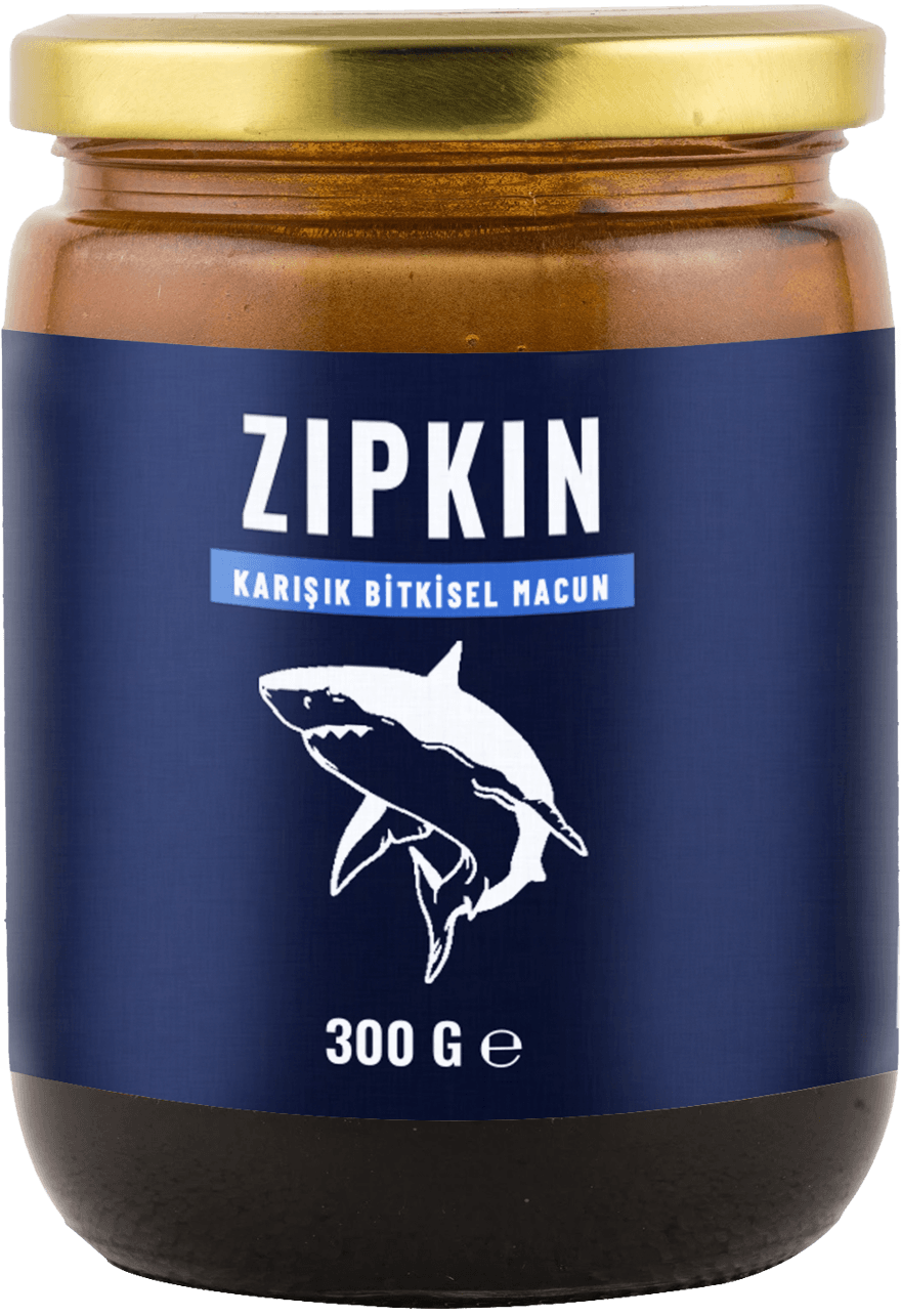 ZIPKIN karışık bitkisel macun, 300 gramlık cam kavanoz, altın kapaklı, lacivert etiketli.