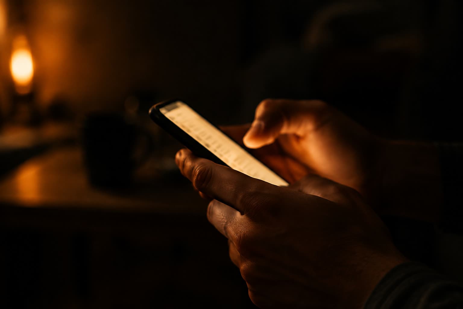 Karanlık bir odada elde tutulan telefon.